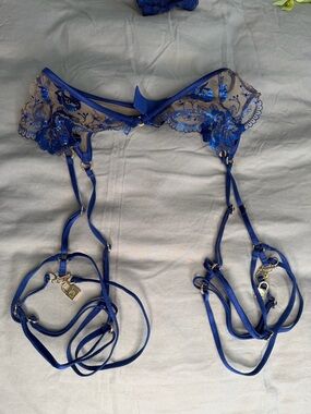 Honey Birdette Royal Blue Embroidered Sheer Garter Harness